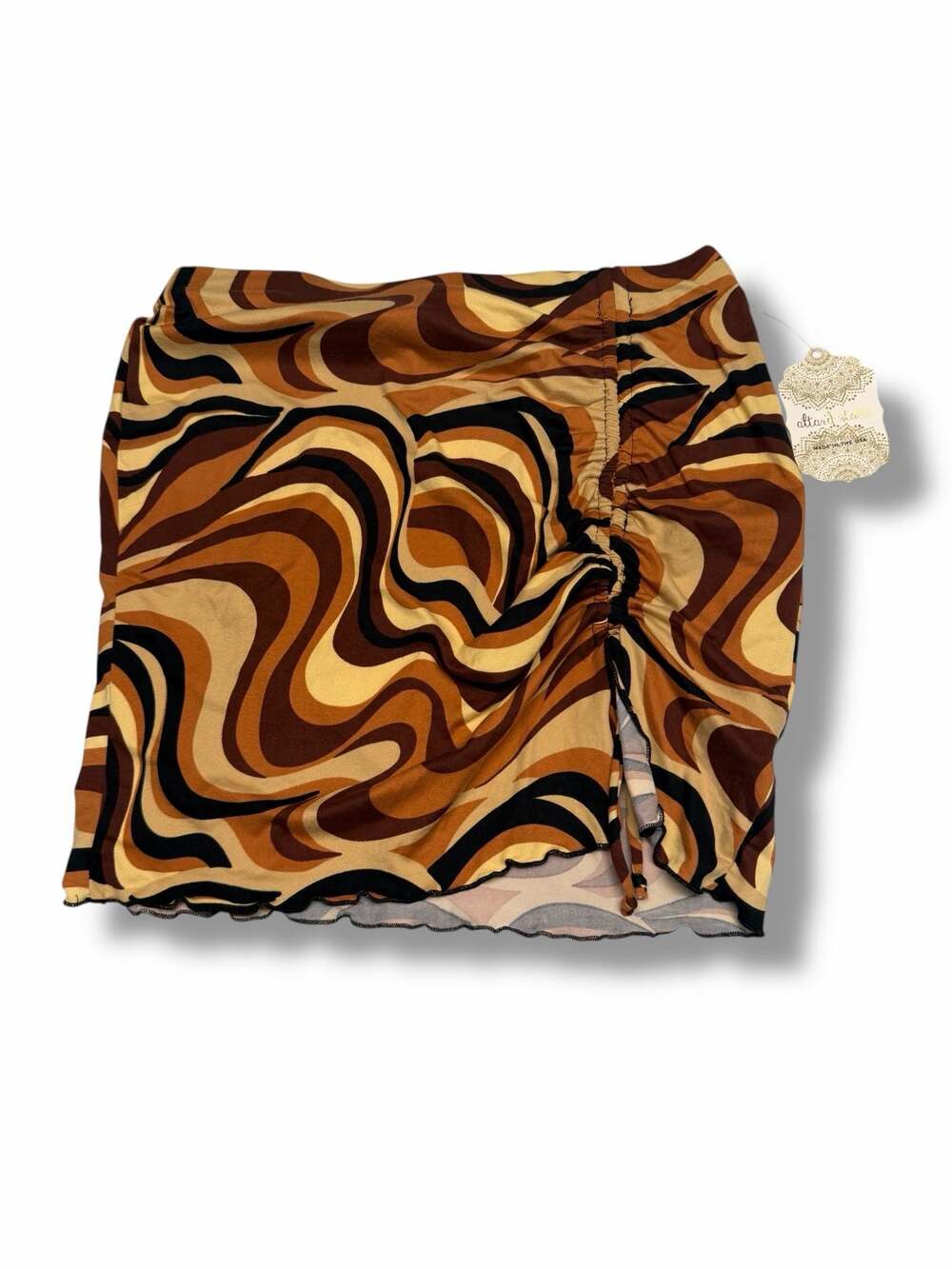 Altar'd State‎ Brown Retro Psychedelic Swirl Ruched Mini Skirt